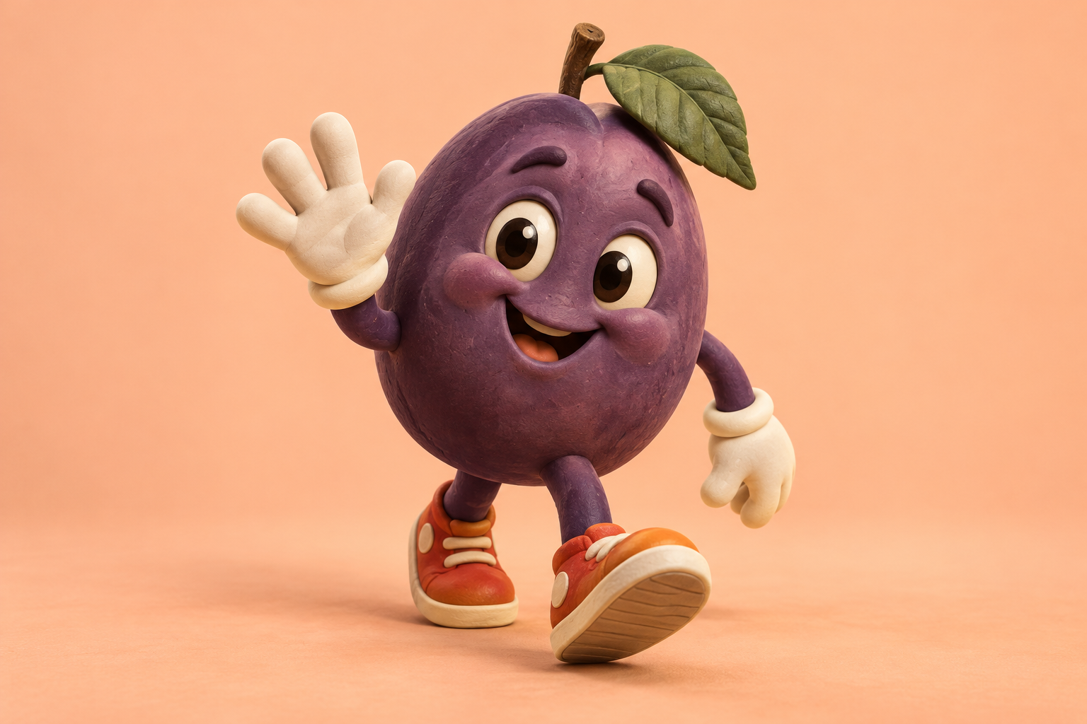 Prunel, o mascotă originală în formă de prună, cu mănuși crem și teniși portocalii, salută vesel.